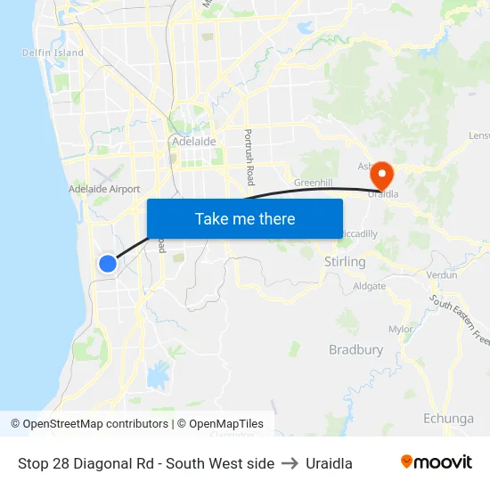 Stop 28 Diagonal Rd - South West side to Uraidla map