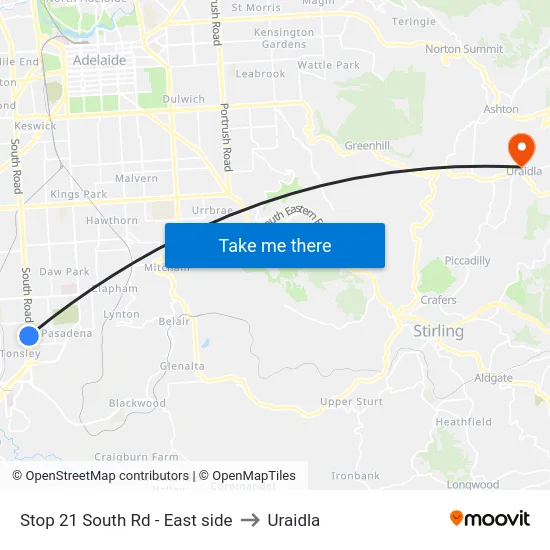 Stop 21 South Rd - East side to Uraidla map
