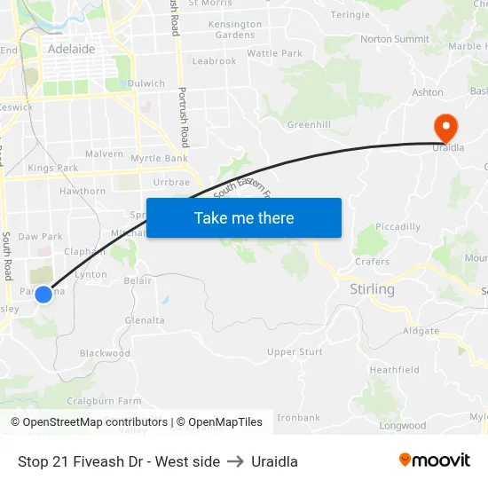 Stop 21 Fiveash Dr - West side to Uraidla map