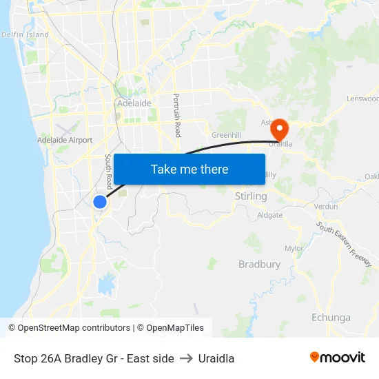 Stop 26A Bradley Gr - East side to Uraidla map
