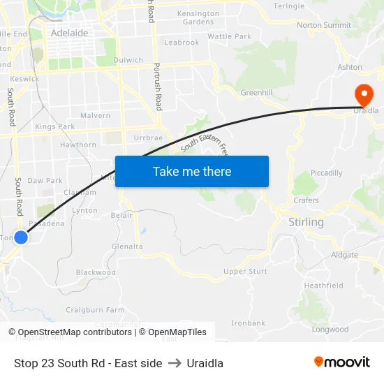 Stop 23 South Rd - East side to Uraidla map
