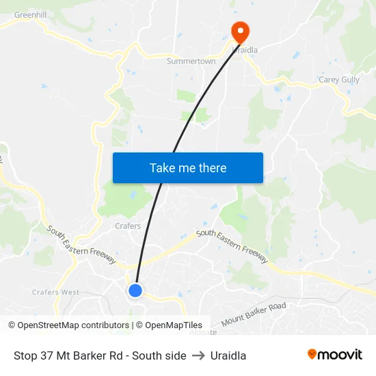 Stop 37 Mt Barker Rd - South side to Uraidla map