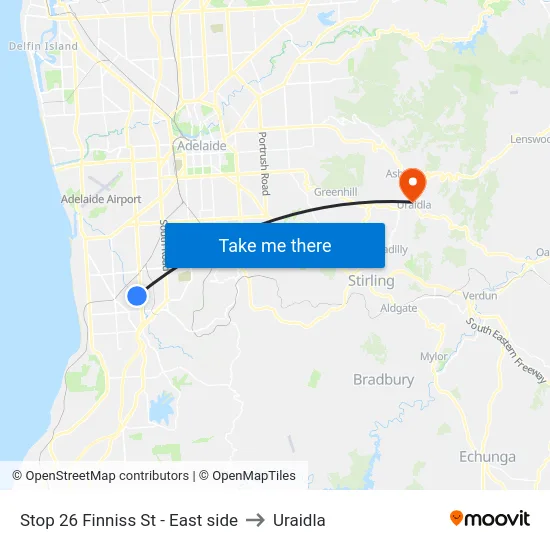 Stop 26 Finniss St - East side to Uraidla map