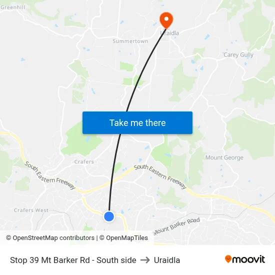 Stop 39 Mt Barker Rd - South side to Uraidla map