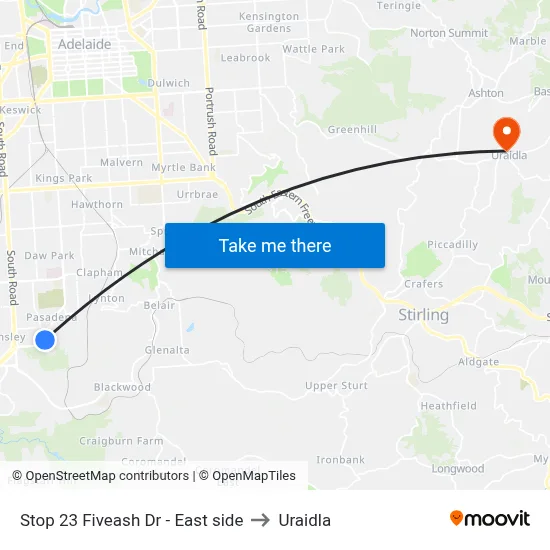 Stop 23 Fiveash Dr - East side to Uraidla map