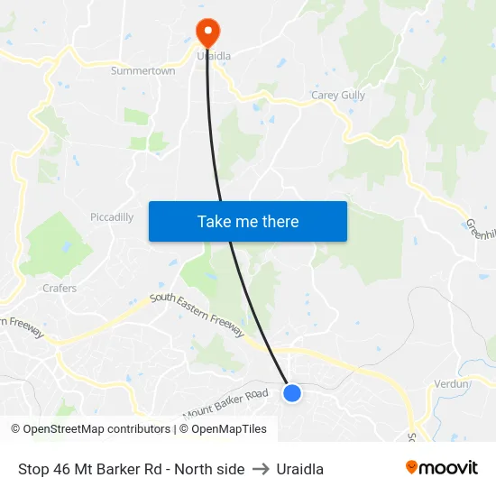 Stop 46 Mt Barker Rd - North side to Uraidla map