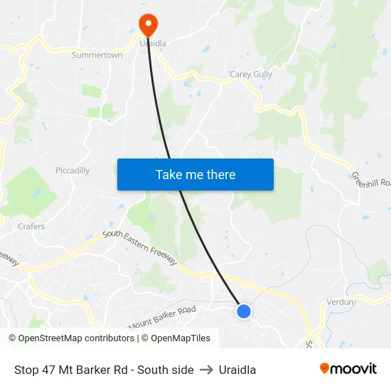 Stop 47 Mt Barker Rd - South side to Uraidla map
