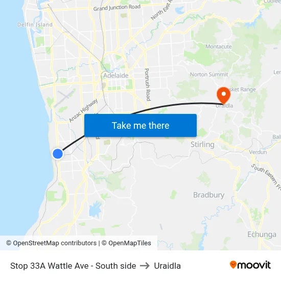 Stop 33A Wattle Ave - South side to Uraidla map
