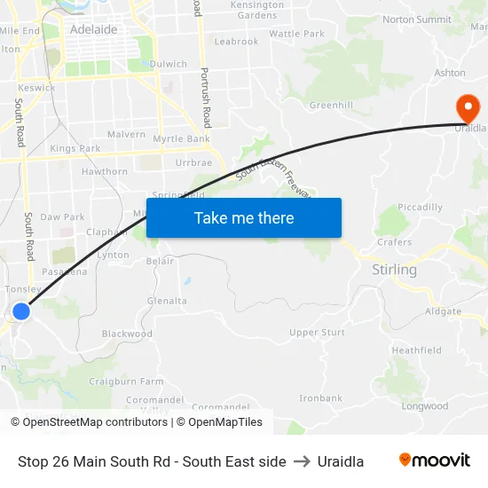 Stop 26 Main South Rd - South East side to Uraidla map