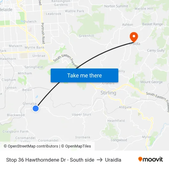 Stop 36 Hawthorndene Dr - South side to Uraidla map