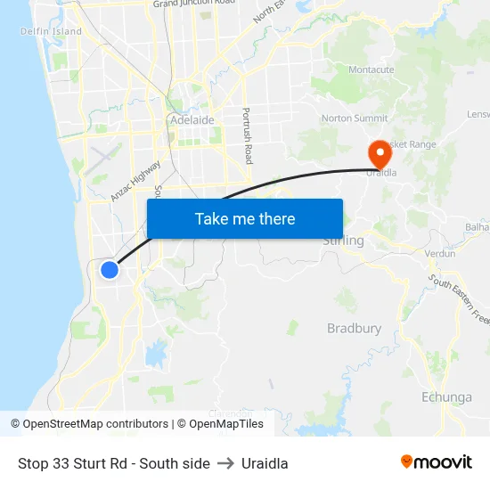 Stop 33 Sturt Rd - South side to Uraidla map