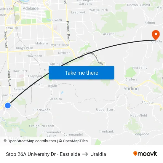 Stop 26A University Dr - East side to Uraidla map