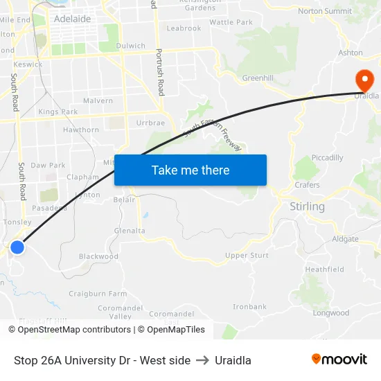 Stop 26A University Dr - West side to Uraidla map