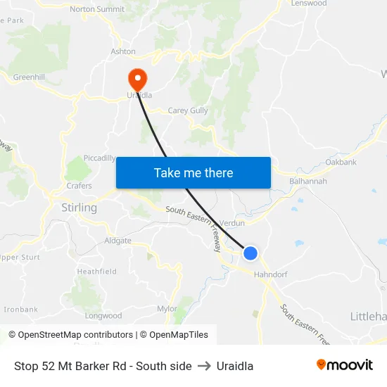 Stop 52 Mt Barker Rd - South side to Uraidla map