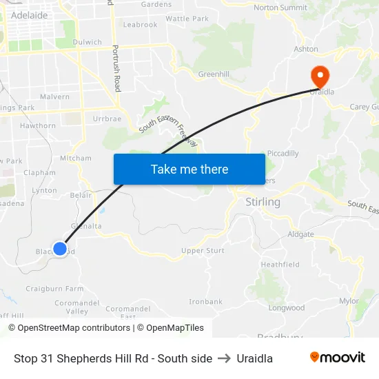 Stop 31 Shepherds Hill Rd - South side to Uraidla map