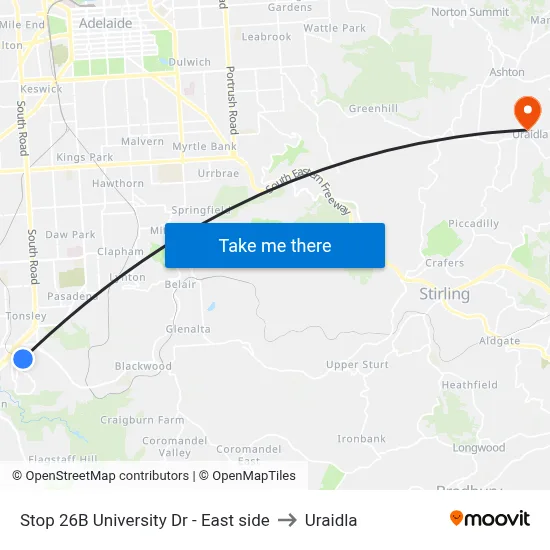 Stop 26B University Dr - East side to Uraidla map