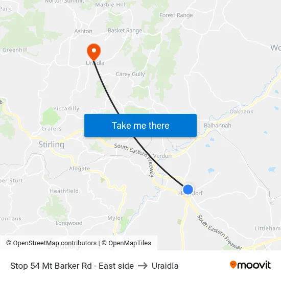 Stop 54 Mt Barker Rd - East side to Uraidla map