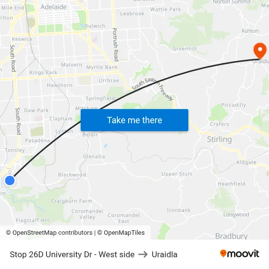 Stop 26D University Dr - West side to Uraidla map