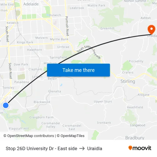 Stop 26D University Dr - East side to Uraidla map