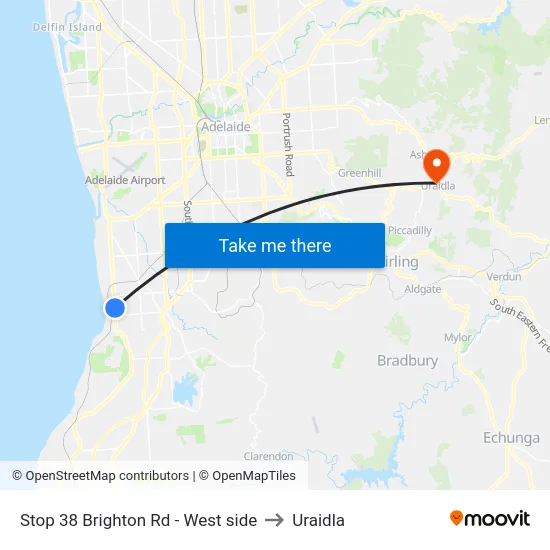 Stop 38 Brighton Rd - West side to Uraidla map