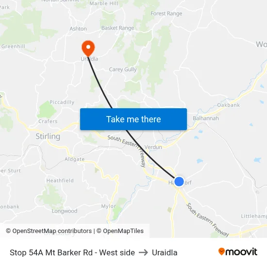Stop 54A Mt Barker Rd - West side to Uraidla map