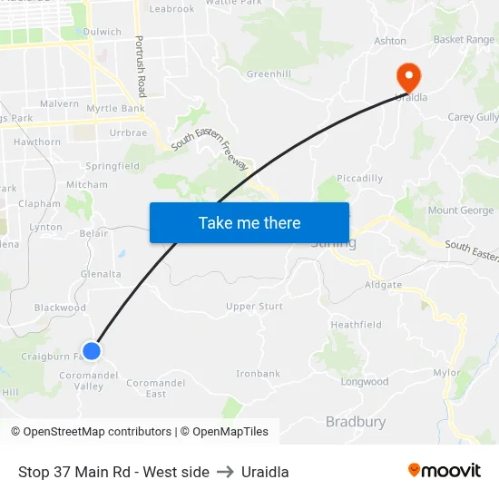 Stop 37 Main Rd - West side to Uraidla map