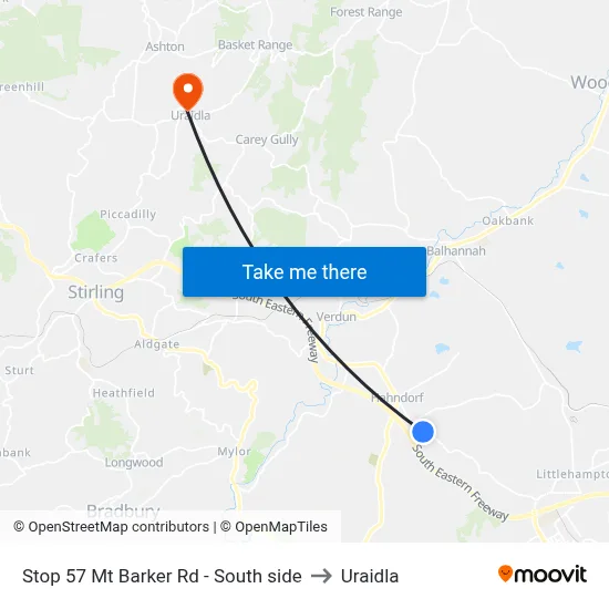 Stop 57 Mt Barker Rd - South side to Uraidla map