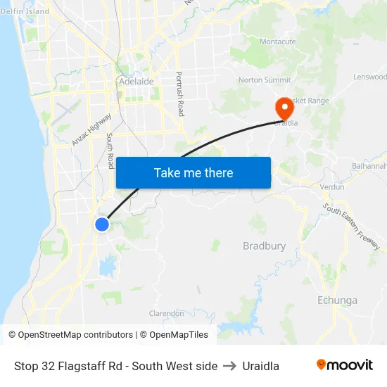 Stop 32 Flagstaff Rd - South West side to Uraidla map