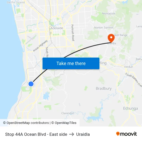 Stop 44A Ocean Blvd - East side to Uraidla map