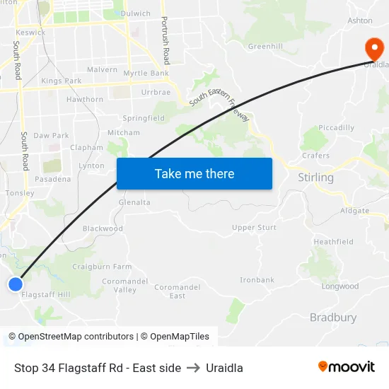 Stop 34 Flagstaff Rd - East side to Uraidla map