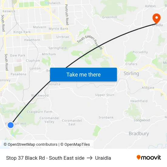 Stop 37 Black Rd - South East side to Uraidla map