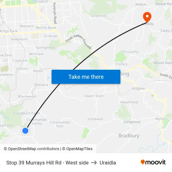 Stop 39 Murrays Hill Rd - West side to Uraidla map
