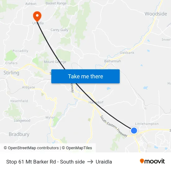 Stop 61 Mt Barker Rd - South side to Uraidla map
