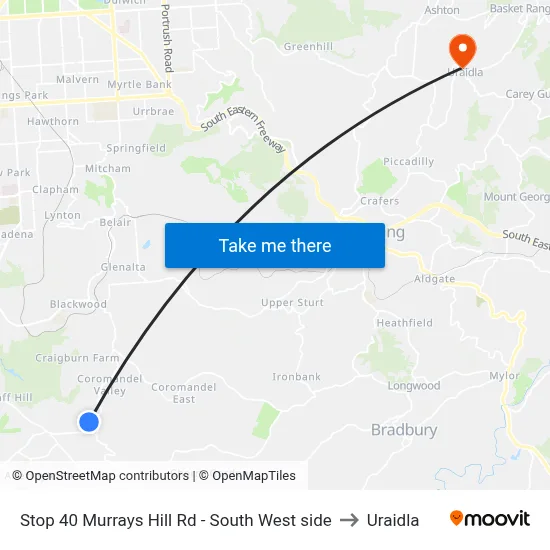 Stop 40 Murrays Hill Rd - South West side to Uraidla map