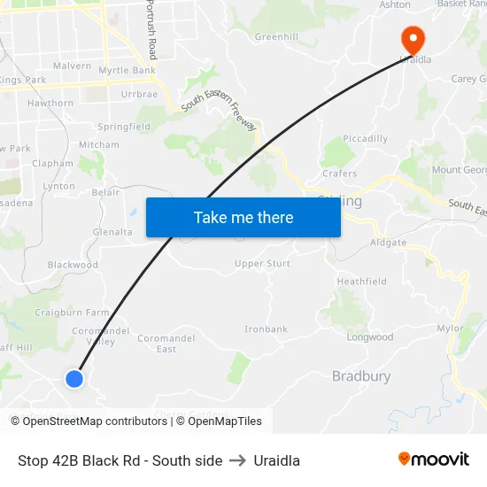 Stop 42B Black Rd - South side to Uraidla map