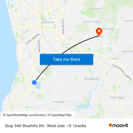 Stop 34A Bluehills Rd - West side to Uraidla map