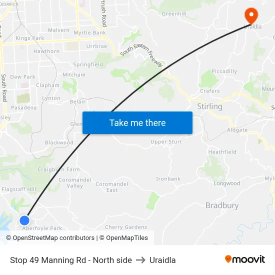 Stop 49 Manning Rd - North side to Uraidla map