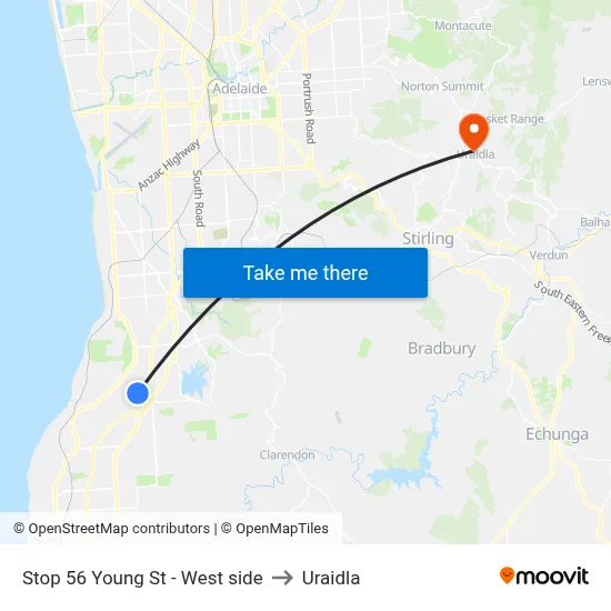 Stop 56 Young St - West side to Uraidla map