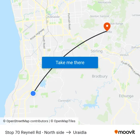 Stop 70 Reynell Rd - North side to Uraidla map