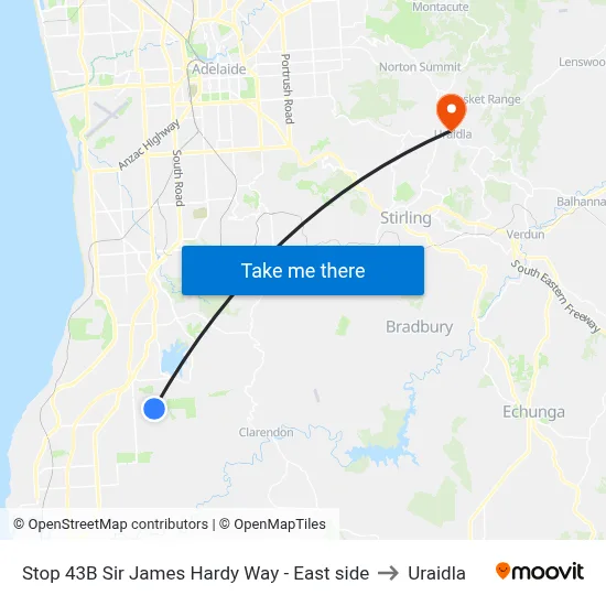 Stop 43B Sir James Hardy Way - East side to Uraidla map