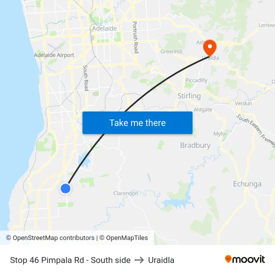 Stop 46 Pimpala Rd - South side to Uraidla map