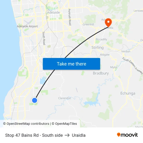 Stop 47 Bains Rd - South side to Uraidla map