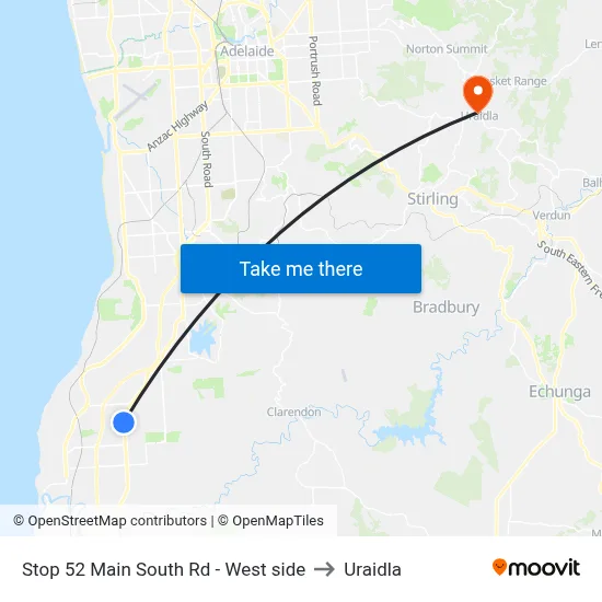Stop 52 Main South Rd - West side to Uraidla map