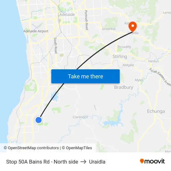 Stop 50A Bains Rd - North side to Uraidla map