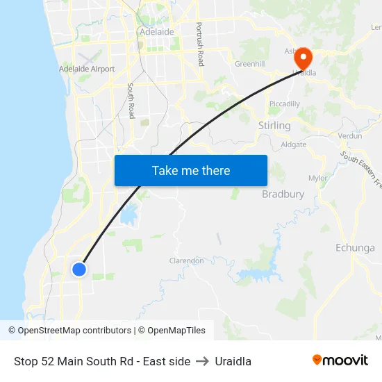 Stop 52 Main South Rd - East side to Uraidla map