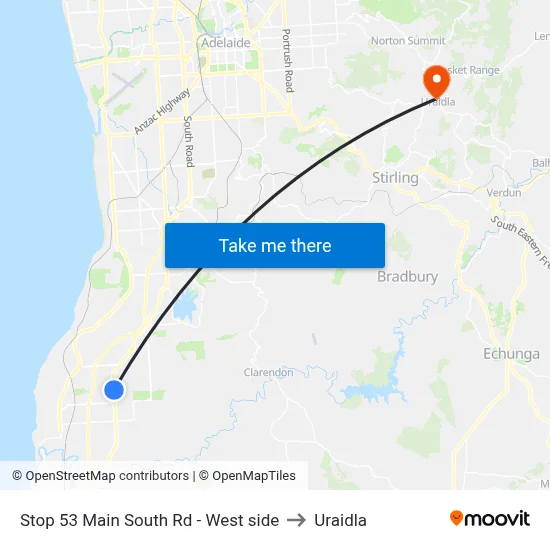 Stop 53 Main South Rd - West side to Uraidla map