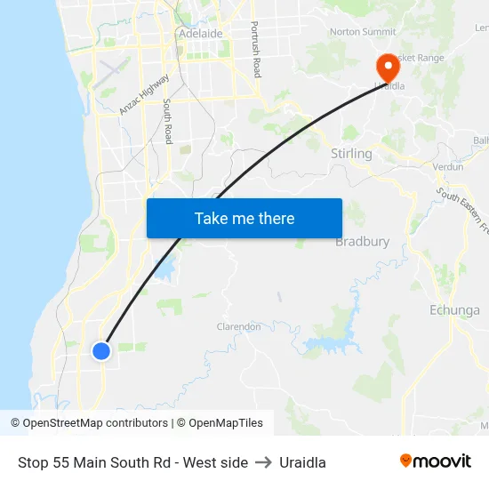 Stop 55 Main South Rd - West side to Uraidla map