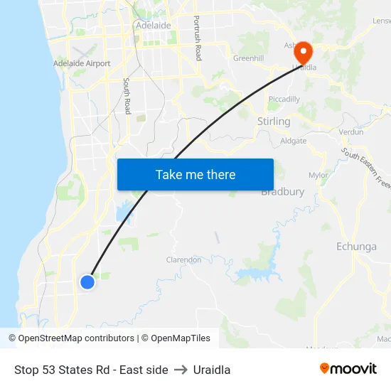 Stop 53 States Rd - East side to Uraidla map