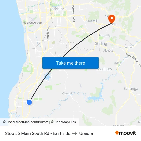 Stop 56 Main South Rd - East side to Uraidla map