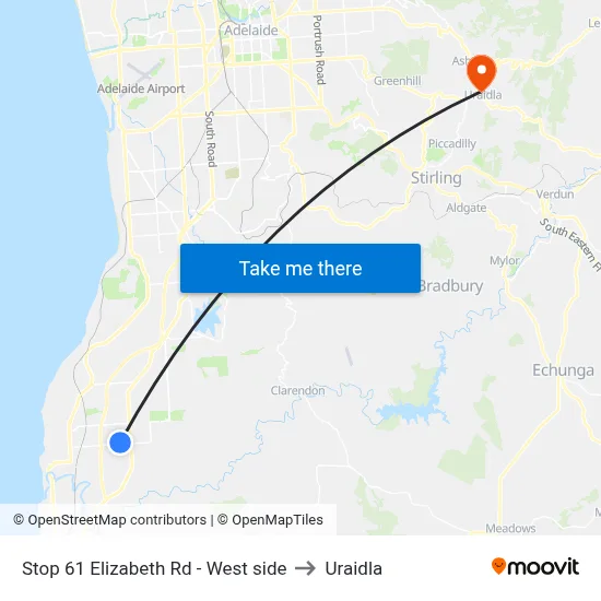 Stop 61 Elizabeth Rd - West side to Uraidla map
